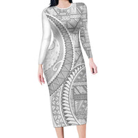 Tonga White Sunday Family Matching Long Sleeve Bodycon Dress and Hawaiian Shirt Lotu Tamaiti Ngatu Tribal - Polynesian Pride