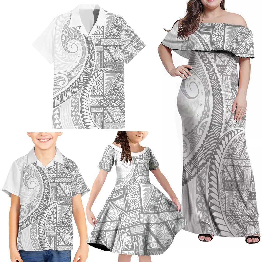 Tonga White Sunday Family Matching Off Shoulder Maxi Dress and Hawaiian Shirt Lotu Tamaiti Ngatu Tribal - Polynesian Pride