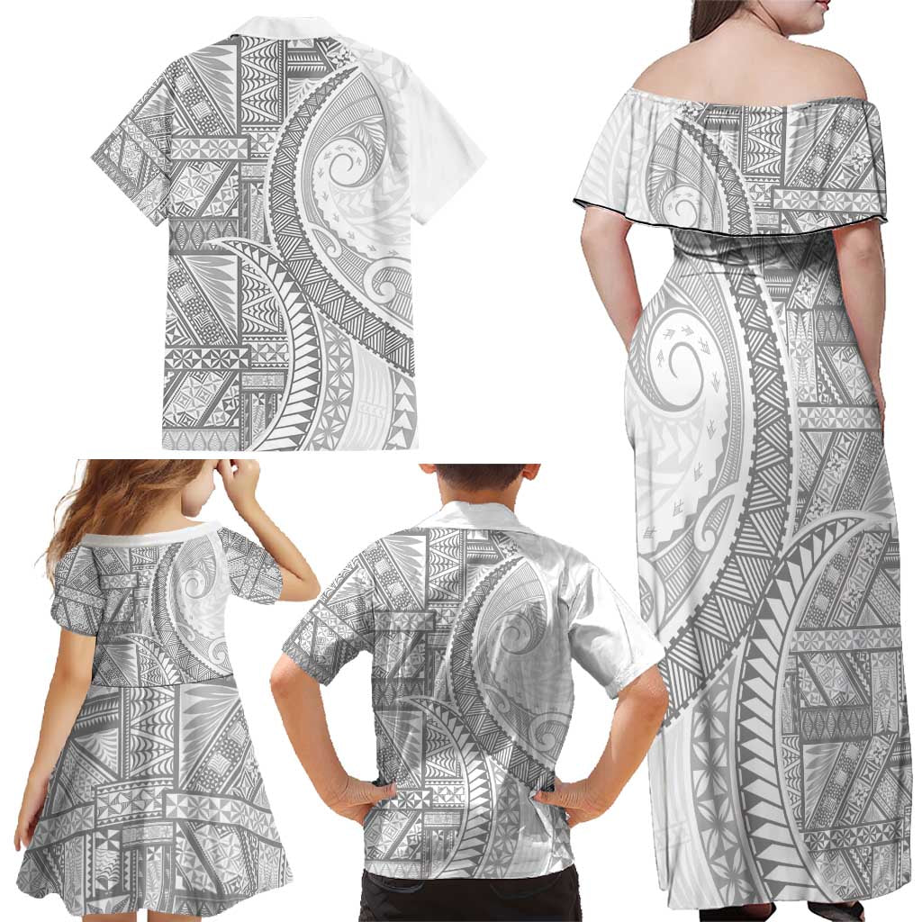 Tonga White Sunday Family Matching Off Shoulder Maxi Dress and Hawaiian Shirt Lotu Tamaiti Ngatu Tribal - Polynesian Pride