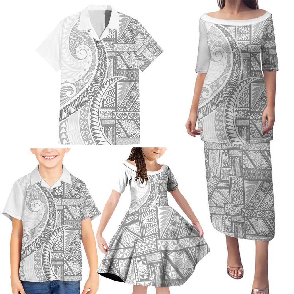 Tonga White Sunday Family Matching Puletasi and Hawaiian Shirt Lotu Tamaiti Ngatu Tribal - Polynesian Pride