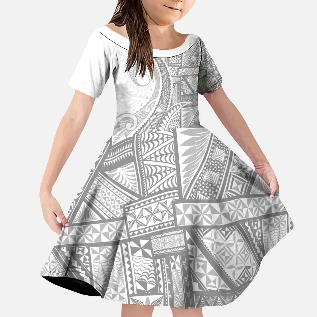 Tonga White Sunday Kid Short Sleeve Dress Lotu Tamaiti Ngatu Tribal - Polynesian Pride