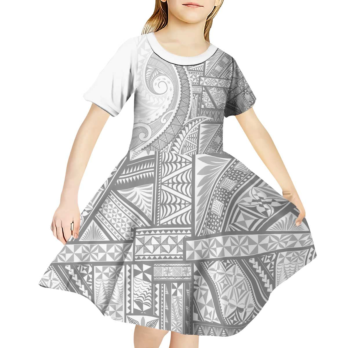 Tonga White Sunday Kid Short Sleeve Dress Lotu Tamaiti Ngatu Tribal - Polynesian Pride