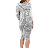 Tonga White Sunday Long Sleeve Bodycon Dress Lotu Tamaiti Ngatu Tribal - Polynesian Pride
