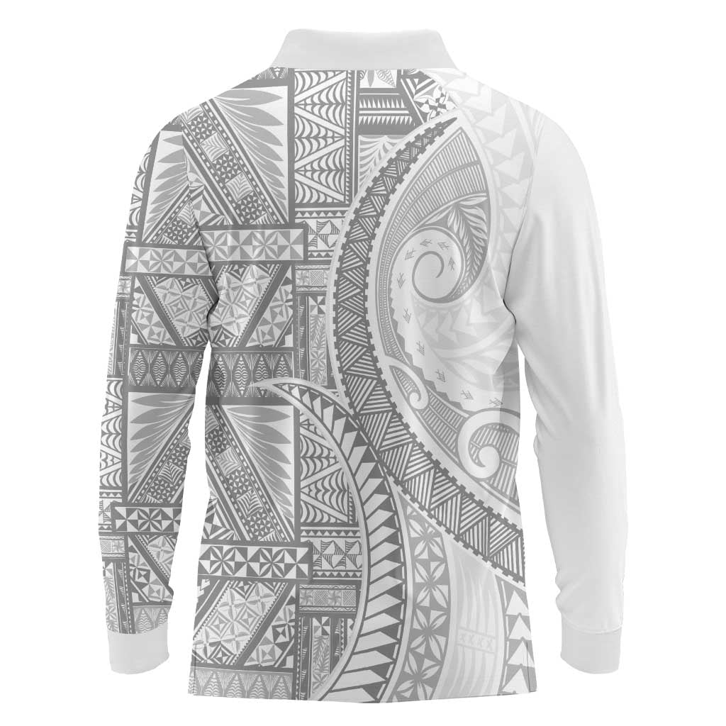 Tonga White Sunday Long Sleeve Polo Shirt Lotu Tamaiti Ngatu Tribal - Polynesian Pride