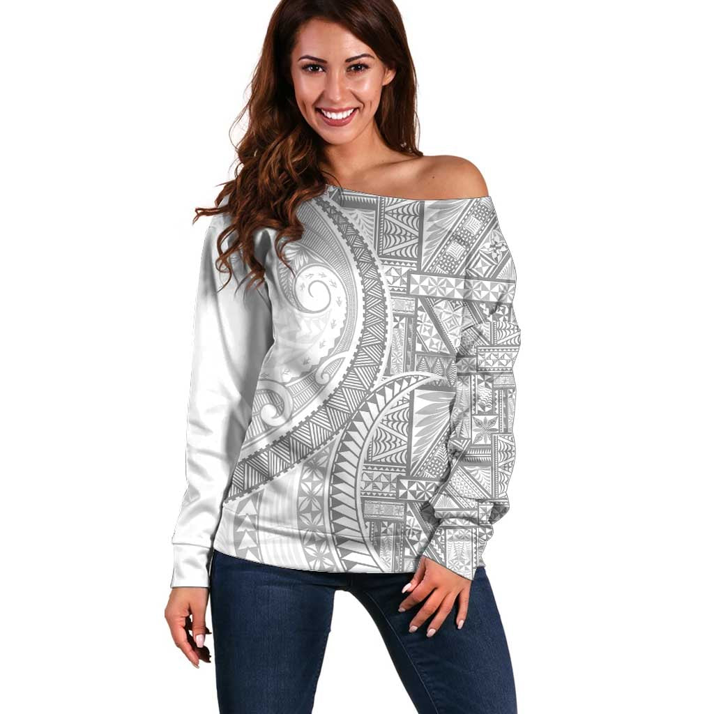 Tonga White Sunday Off Shoulder Sweater Lotu Tamaiti Ngatu Tribal - Polynesian Pride