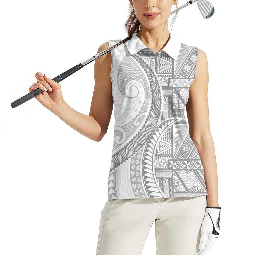 Tonga White Sunday Women Sleeveless Polo Shirt Lotu Tamaiti Ngatu Tribal - Polynesian Pride