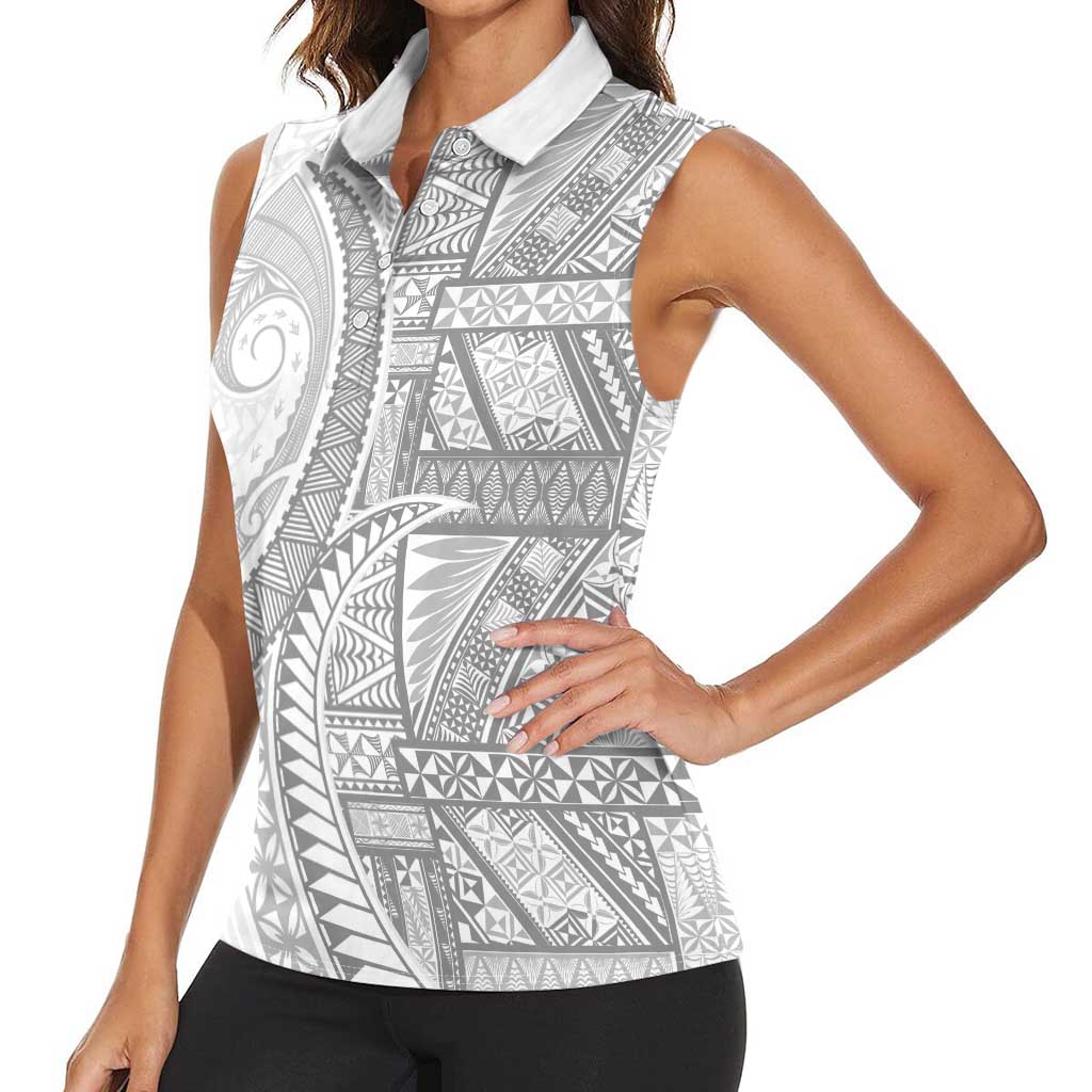Tonga White Sunday Women Sleeveless Polo Shirt Lotu Tamaiti Ngatu Tribal - Polynesian Pride