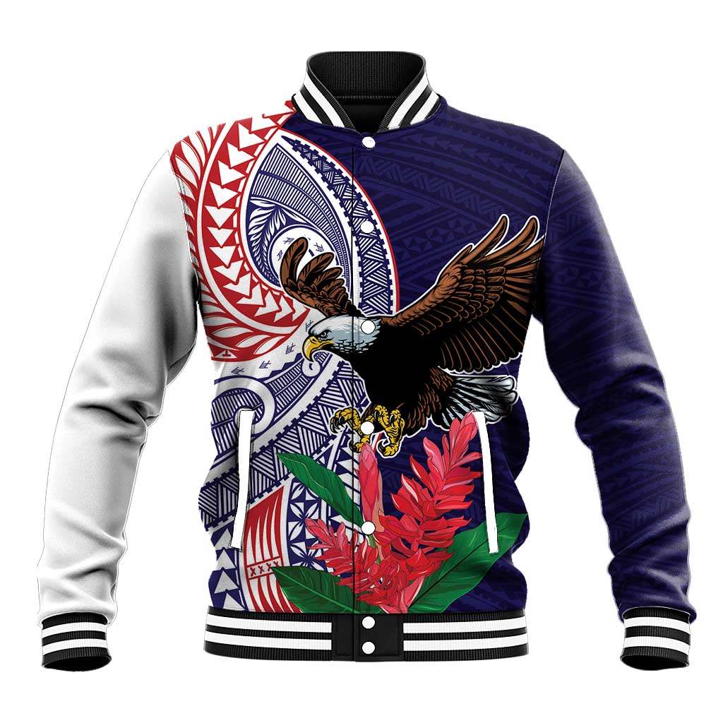 American Samoa Bald Eagle Personalized Baseball Jacket Polynesian Teuila Flowers LT9 Unisex Blue - Polynesian Pride