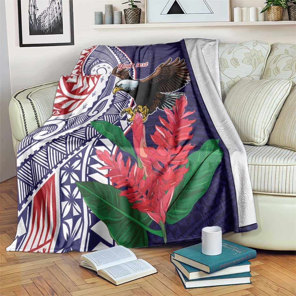 American Samoa Bald Eagle Personalized Blanket Polynesian Teuila Flowers LT9 Blue - Polynesian Pride