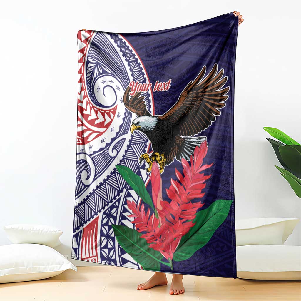 American Samoa Bald Eagle Personalized Blanket Polynesian Teuila Flowers - Polynesian Pride