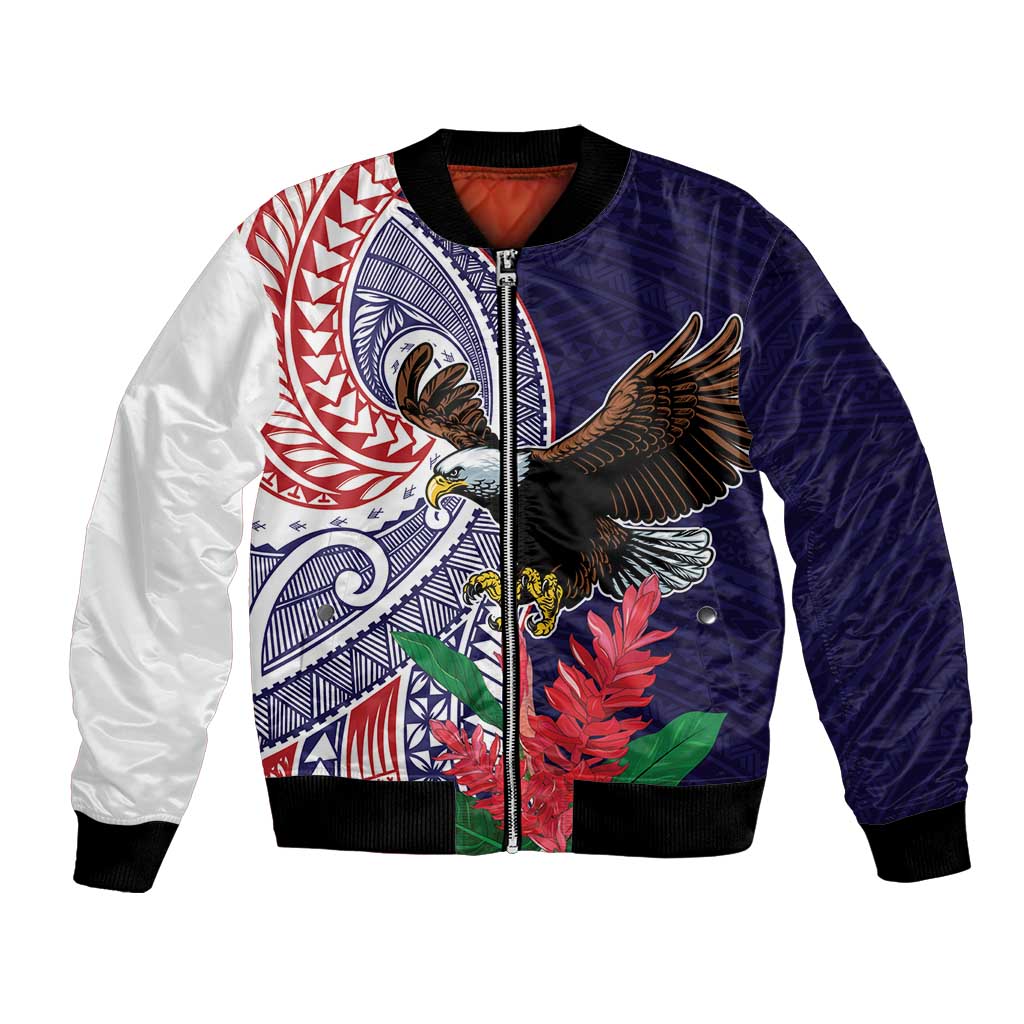 American Samoa Bald Eagle Personalized Bomber Jacket Polynesian Teuila Flowers LT9 Unisex Blue - Polynesian Pride