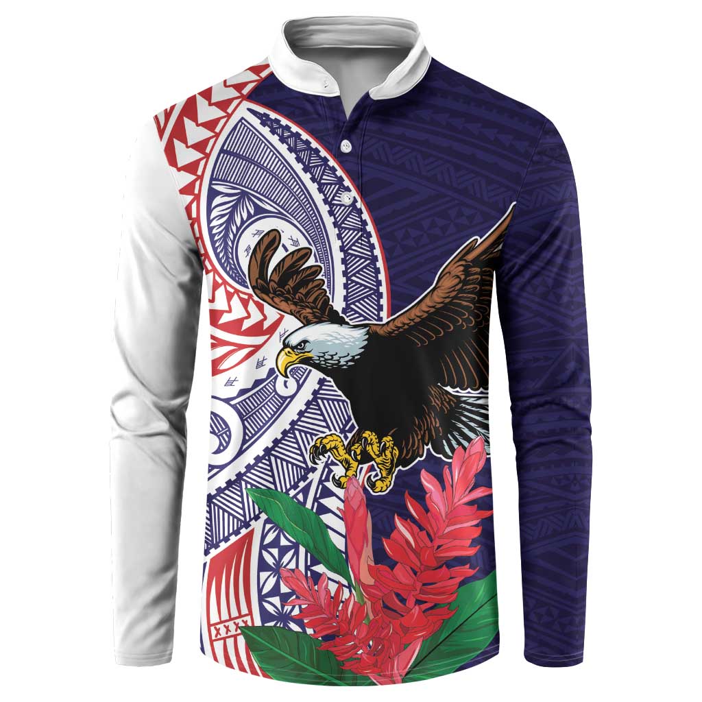 American Samoa Bald Eagle Personalized Button Sweatshirt Polynesian Teuila Flowers LT9 Blue - Polynesian Pride