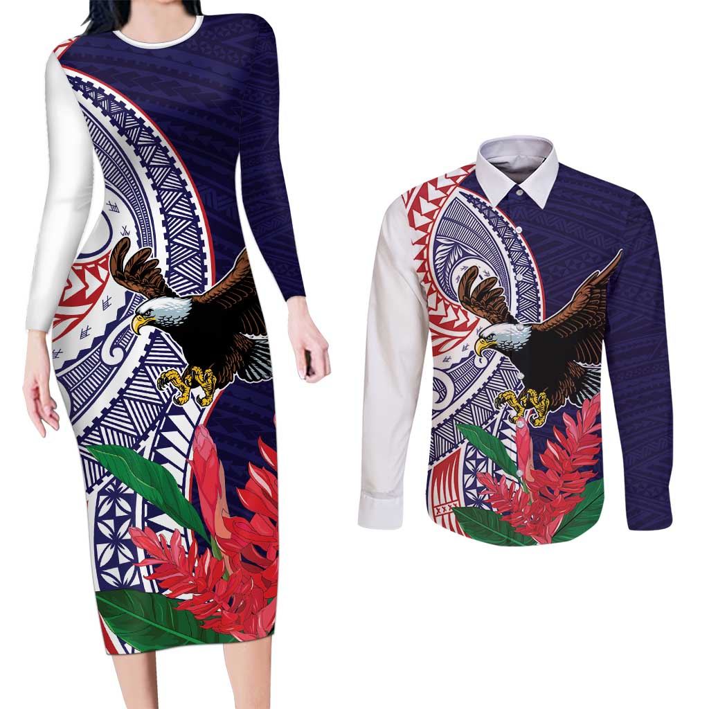 American Samoa Bald Eagle Personalized Couples Matching Long Sleeve Bodycon Dress and Long Sleeve Button Shirt Polynesian Teuila Flowers LT9 Blue - Polynesian Pride