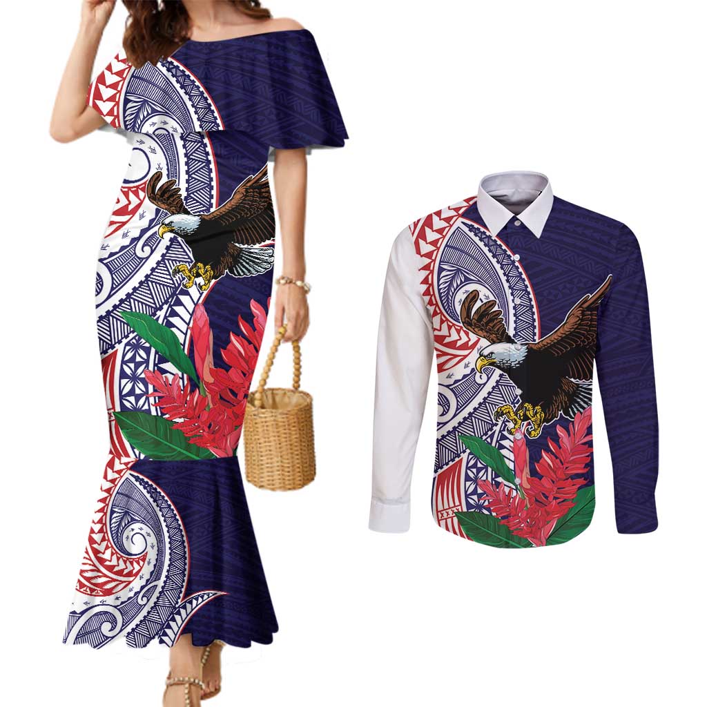 American Samoa Bald Eagle Personalized Couples Matching Mermaid Dress and Long Sleeve Button Shirt Polynesian Teuila Flowers LT9 Blue - Polynesian Pride
