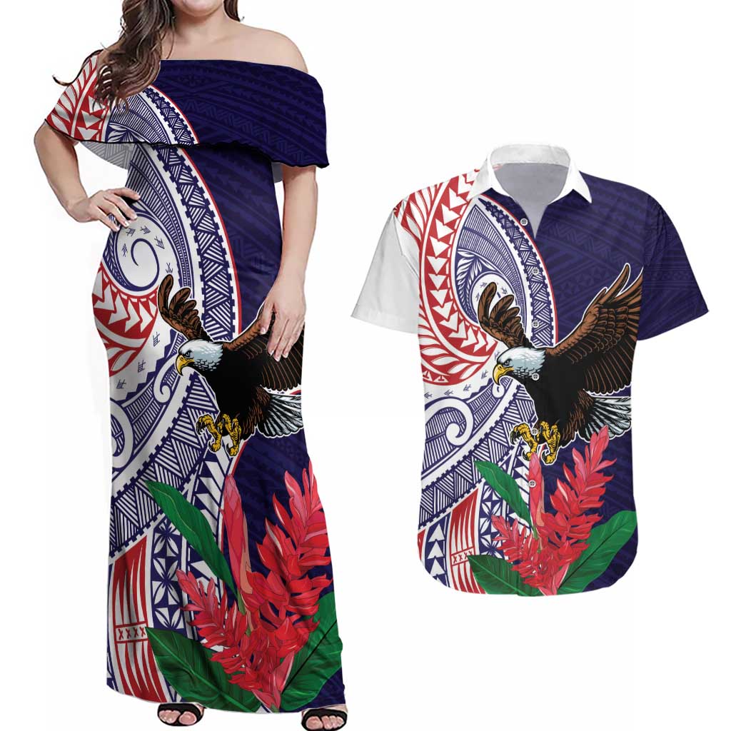 American Samoa Bald Eagle Personalized Couples Matching Off Shoulder Maxi Dress and Hawaiian Shirt Polynesian Teuila Flowers LT9 Blue - Polynesian Pride