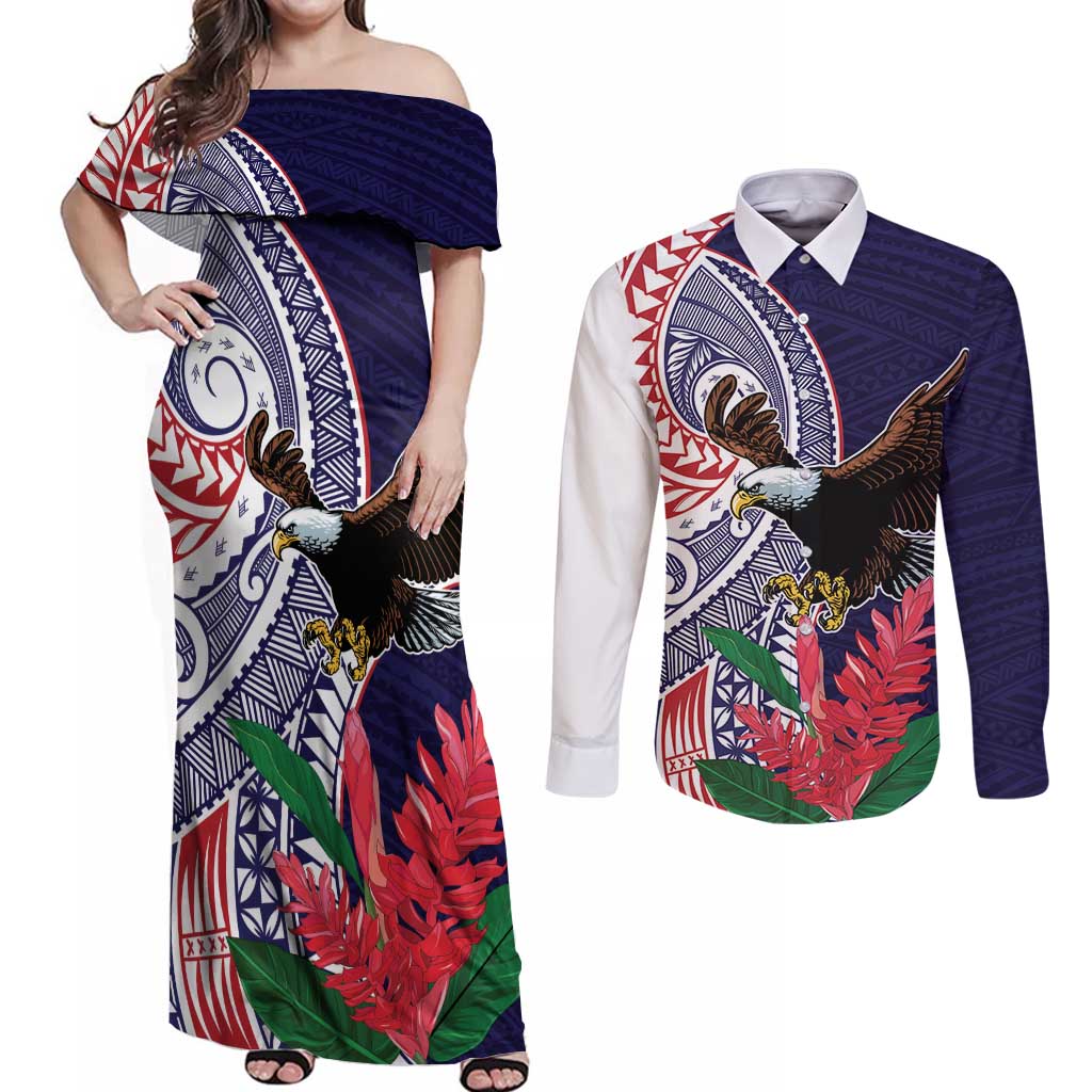 American Samoa Bald Eagle Personalized Couples Matching Off Shoulder Maxi Dress and Long Sleeve Button Shirt Polynesian Teuila Flowers LT9 Blue - Polynesian Pride
