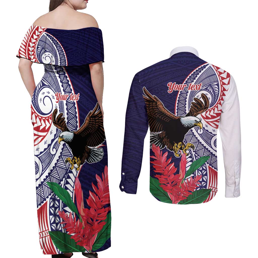 American Samoa Bald Eagle Personalized Couples Matching Off Shoulder Maxi Dress and Long Sleeve Button Shirt Polynesian Teuila Flowers - Polynesian Pride