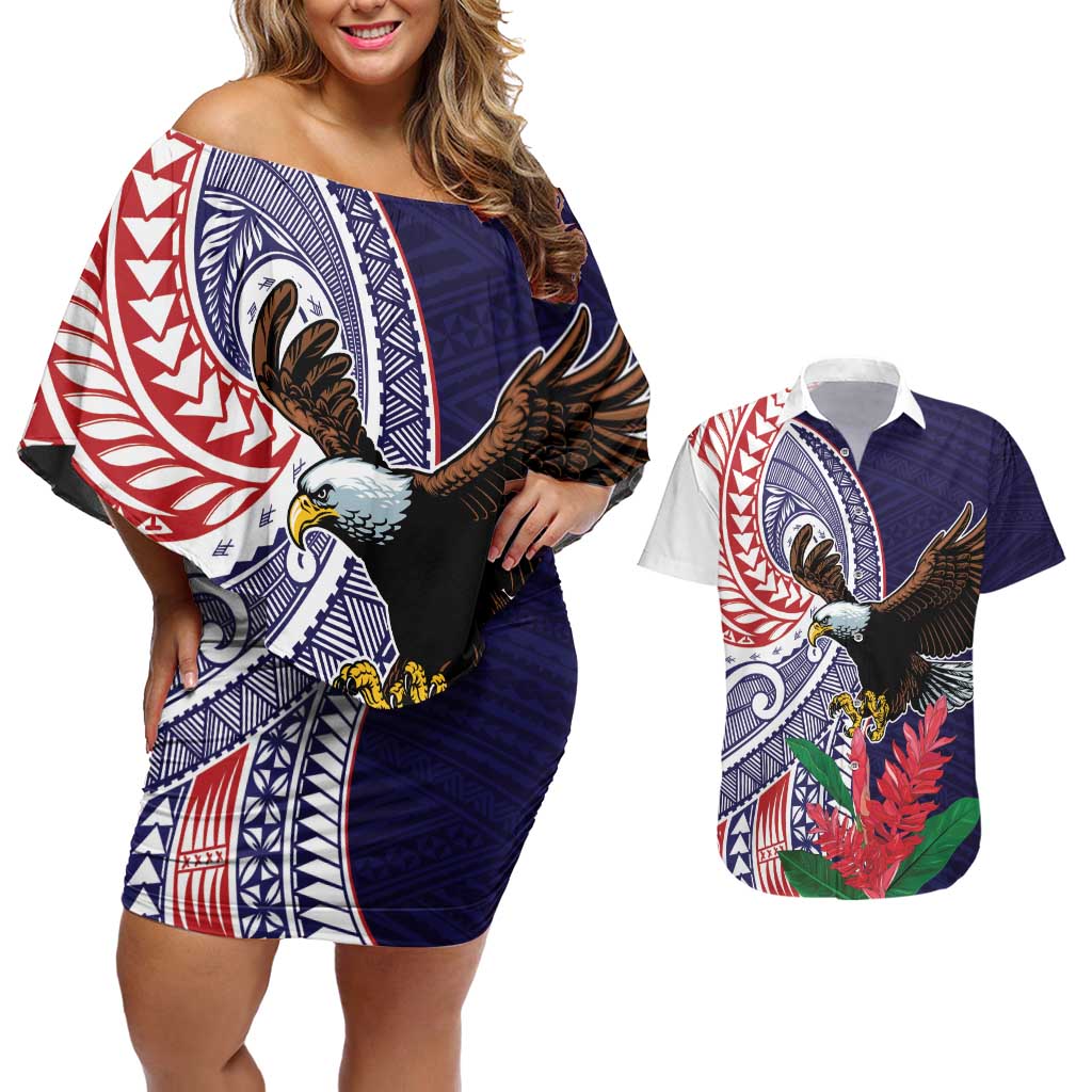 American Samoa Bald Eagle Personalized Couples Matching Off Shoulder Short Dress and Hawaiian Shirt Polynesian Teuila Flowers LT9 Blue - Polynesian Pride