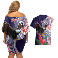 American Samoa Bald Eagle Personalized Couples Matching Off Shoulder Short Dress and Hawaiian Shirt Polynesian Teuila Flowers - Polynesian Pride