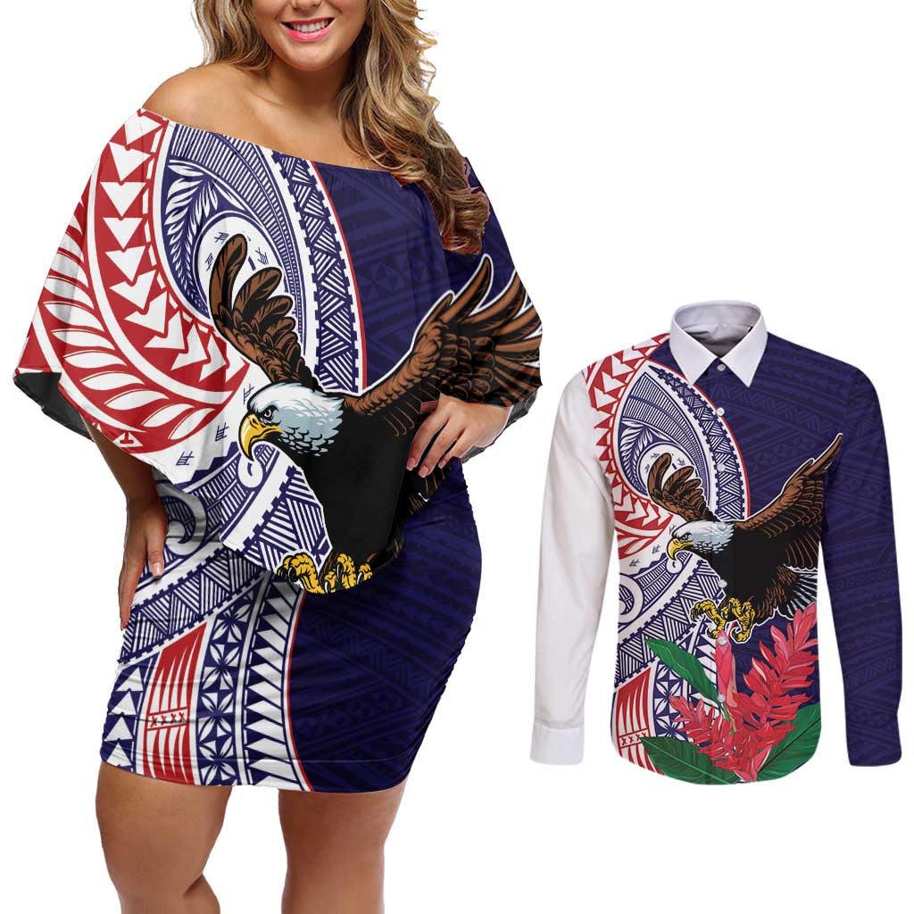 American Samoa Bald Eagle Personalized Couples Matching Off Shoulder Short Dress and Long Sleeve Button Shirt Polynesian Teuila Flowers LT9 Blue - Polynesian Pride