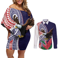 American Samoa Bald Eagle Personalized Couples Matching Off Shoulder Short Dress and Long Sleeve Button Shirt Polynesian Teuila Flowers - Polynesian Pride