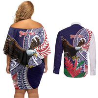 American Samoa Bald Eagle Personalized Couples Matching Off Shoulder Short Dress and Long Sleeve Button Shirt Polynesian Teuila Flowers - Polynesian Pride