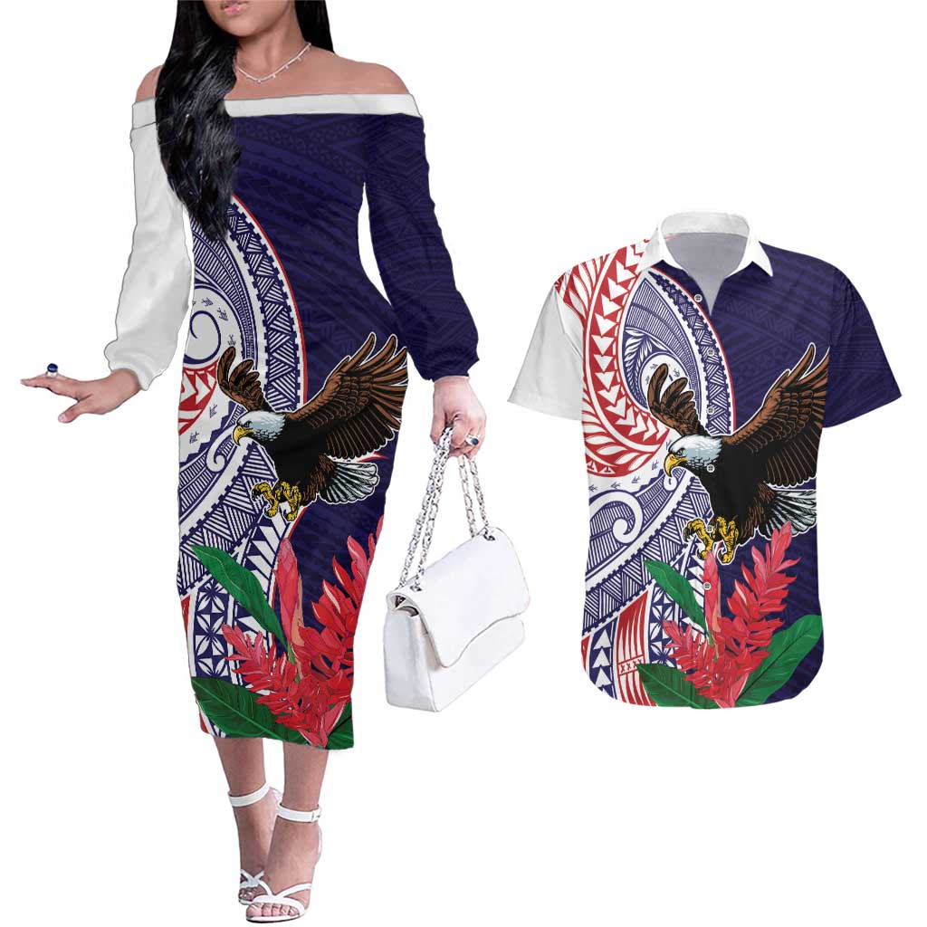American Samoa Bald Eagle Personalized Couples Matching Off The Shoulder Long Sleeve Dress and Hawaiian Shirt Polynesian Teuila Flowers LT9 Blue - Polynesian Pride