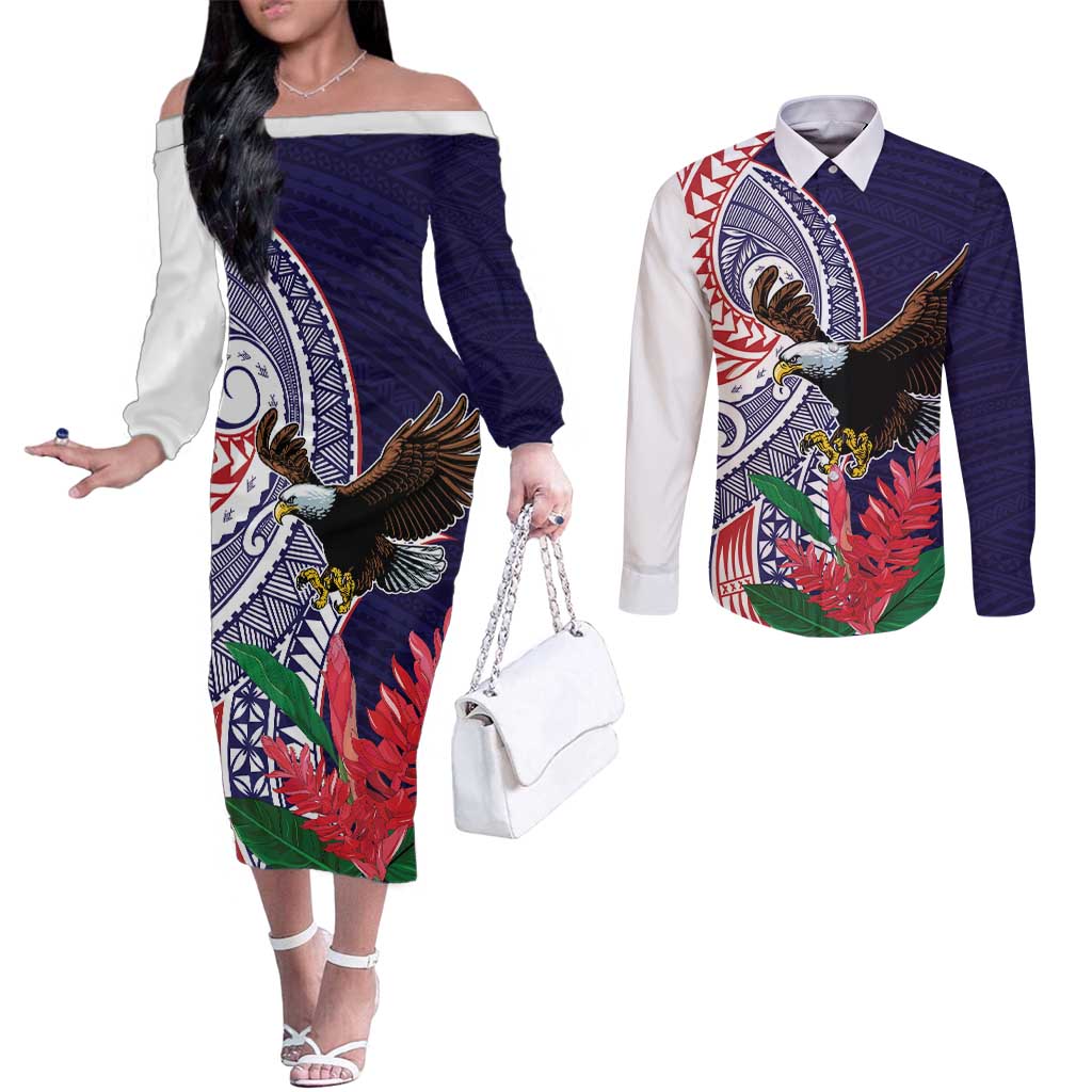American Samoa Bald Eagle Personalized Couples Matching Off The Shoulder Long Sleeve Dress and Long Sleeve Button Shirt Polynesian Teuila Flowers LT9 Blue - Polynesian Pride