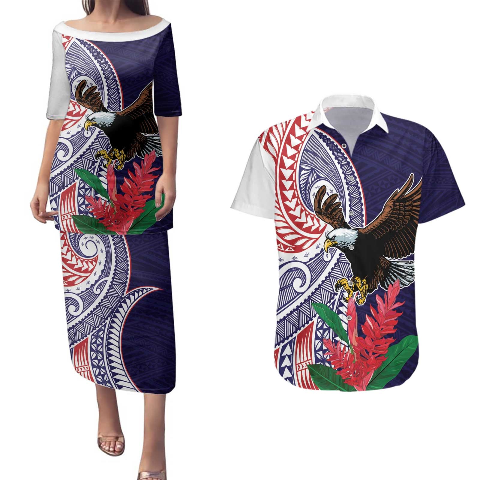 American Samoa Bald Eagle Personalized Couples Matching Puletasi and Hawaiian Shirt Polynesian Teuila Flowers LT9 Blue - Polynesian Pride