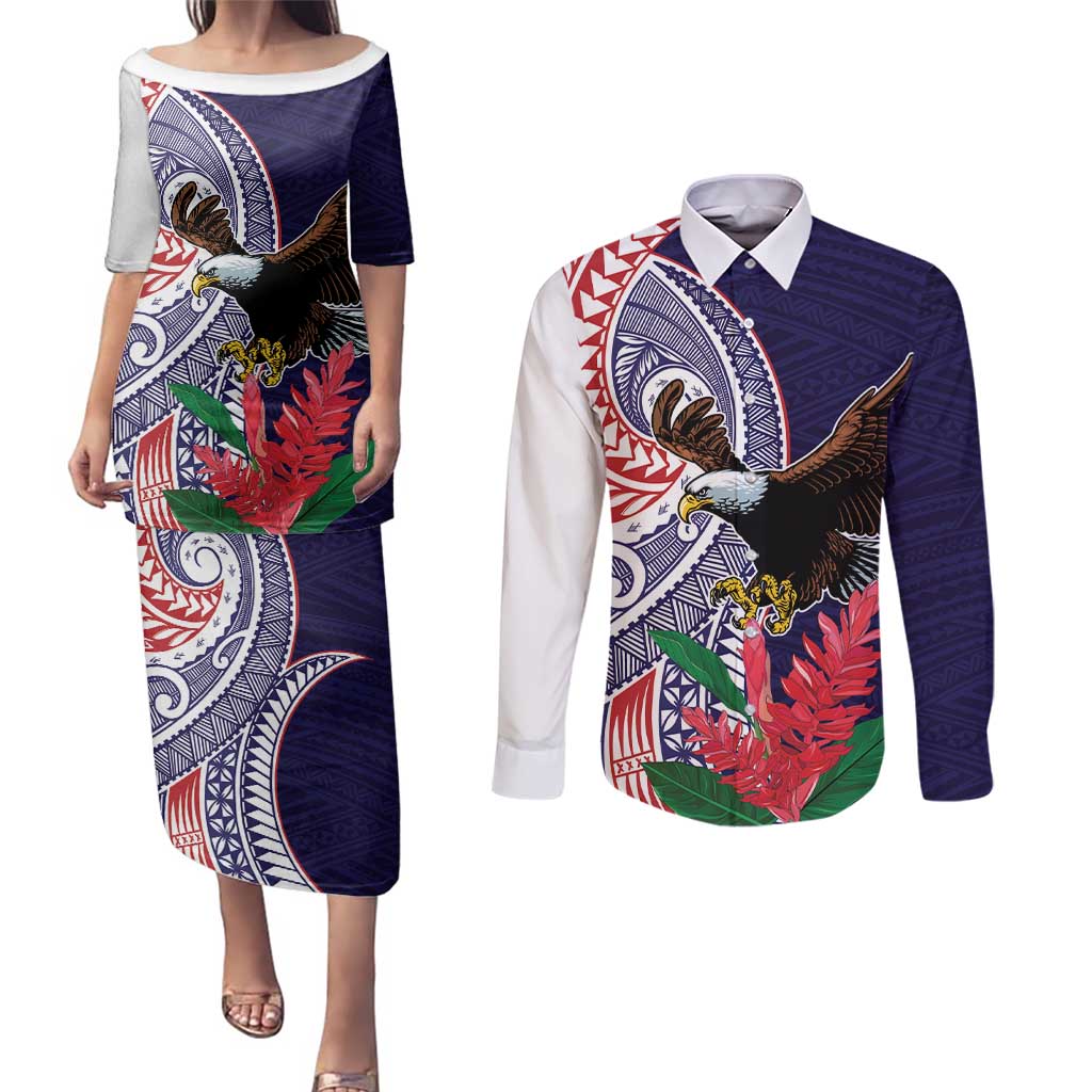 American Samoa Bald Eagle Personalized Couples Matching Puletasi and Long Sleeve Button Shirt Polynesian Teuila Flowers LT9 Blue - Polynesian Pride