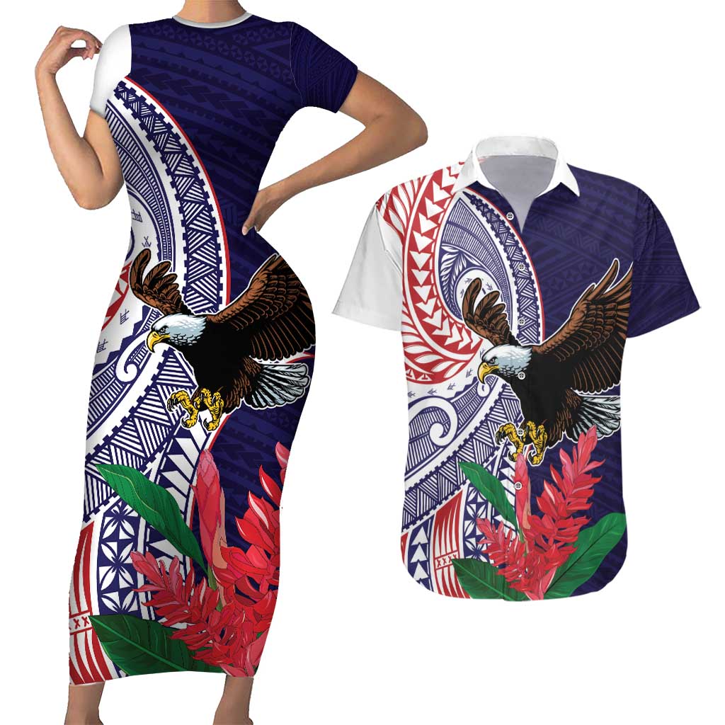 American Samoa Bald Eagle Personalized Couples Matching Short Sleeve Bodycon Dress and Hawaiian Shirt Polynesian Teuila Flowers LT9 Blue - Polynesian Pride