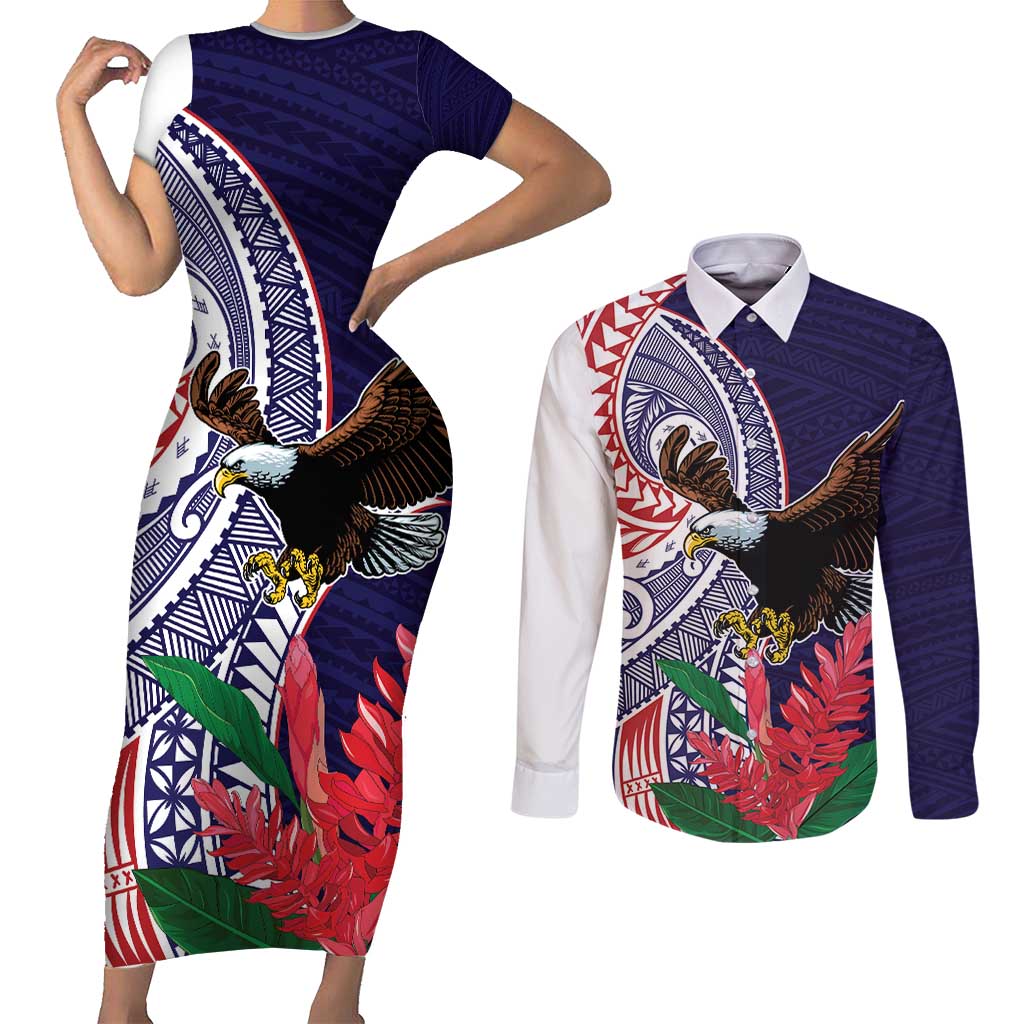 American Samoa Bald Eagle Personalized Couples Matching Short Sleeve Bodycon Dress and Long Sleeve Button Shirt Polynesian Teuila Flowers LT9 Blue - Polynesian Pride