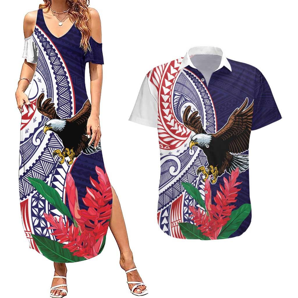 American Samoa Bald Eagle Personalized Couples Matching Summer Maxi Dress and Hawaiian Shirt Polynesian Teuila Flowers LT9 Blue - Polynesian Pride