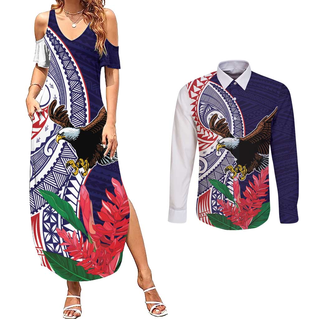 American Samoa Bald Eagle Personalized Couples Matching Summer Maxi Dress and Long Sleeve Button Shirt Polynesian Teuila Flowers LT9 Blue - Polynesian Pride