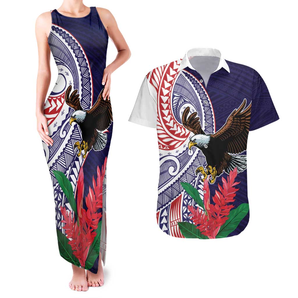 American Samoa Bald Eagle Personalized Couples Matching Tank Maxi Dress and Hawaiian Shirt Polynesian Teuila Flowers LT9 Blue - Polynesian Pride