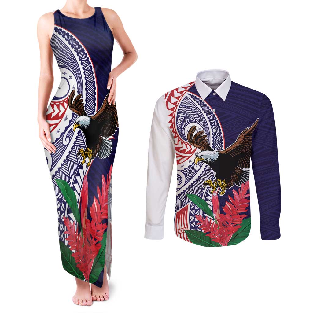 American Samoa Bald Eagle Personalized Couples Matching Tank Maxi Dress and Long Sleeve Button Shirt Polynesian Teuila Flowers LT9 Blue - Polynesian Pride