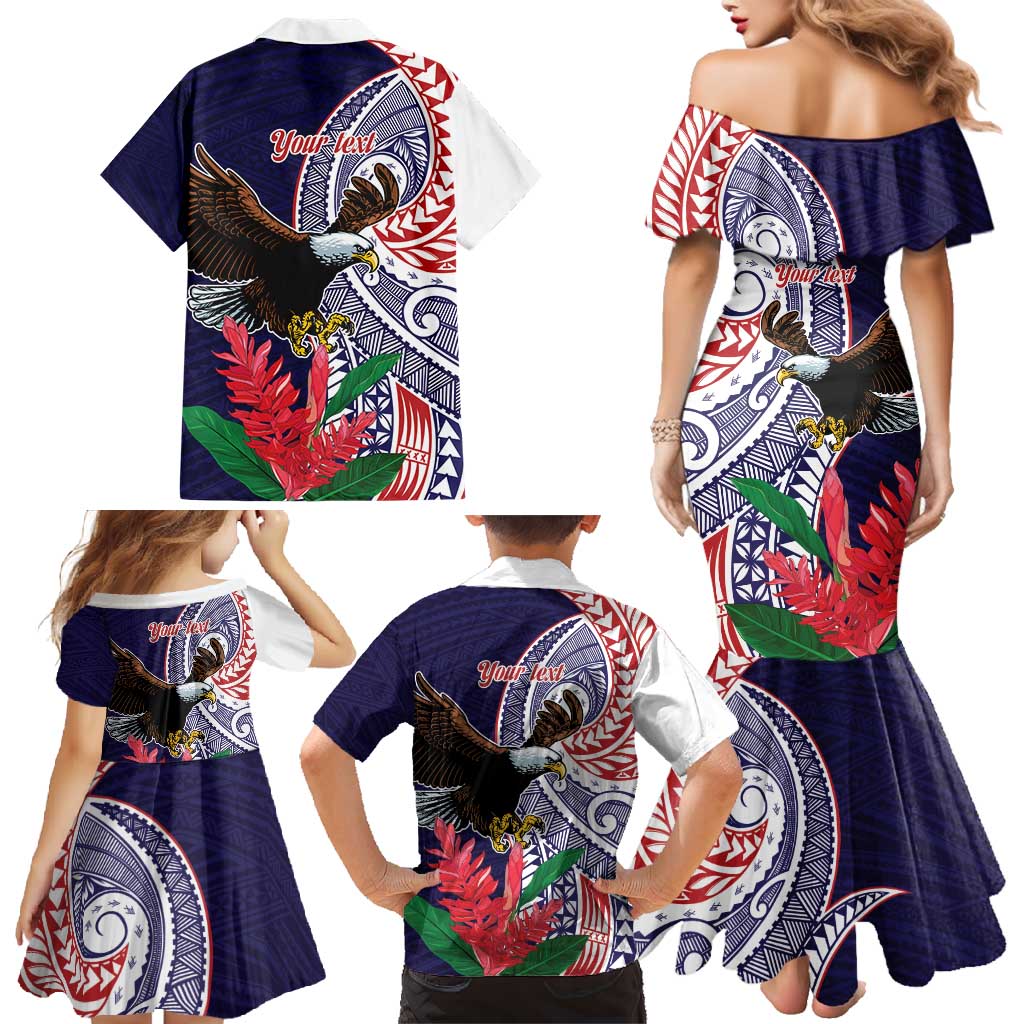 American Samoa Bald Eagle Personalized Family Matching Mermaid Dress and Hawaiian Shirt Polynesian Teuila Flowers - Polynesian Pride