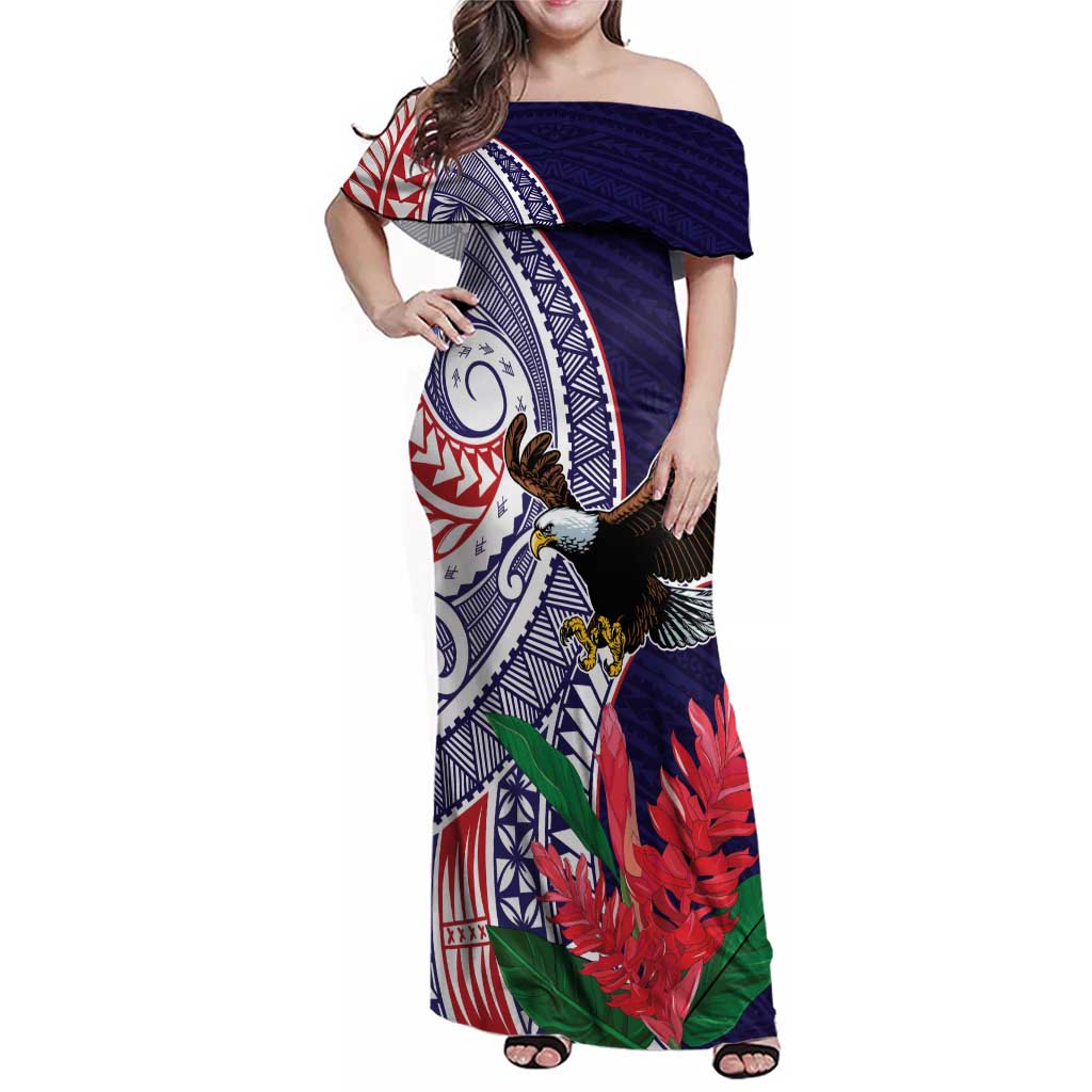 American Samoa Bald Eagle Personalized Family Matching Off Shoulder Maxi Dress and Hawaiian Shirt Polynesian Teuila Flowers - Polynesian Pride