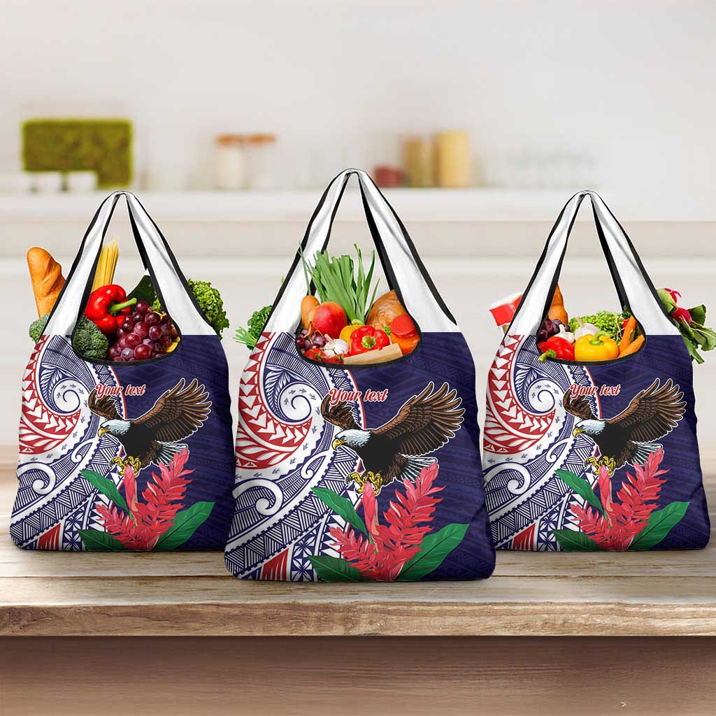 American Samoa Bald Eagle Personalized Grocery Bag Polynesian Teuila Flowers - Polynesian Pride