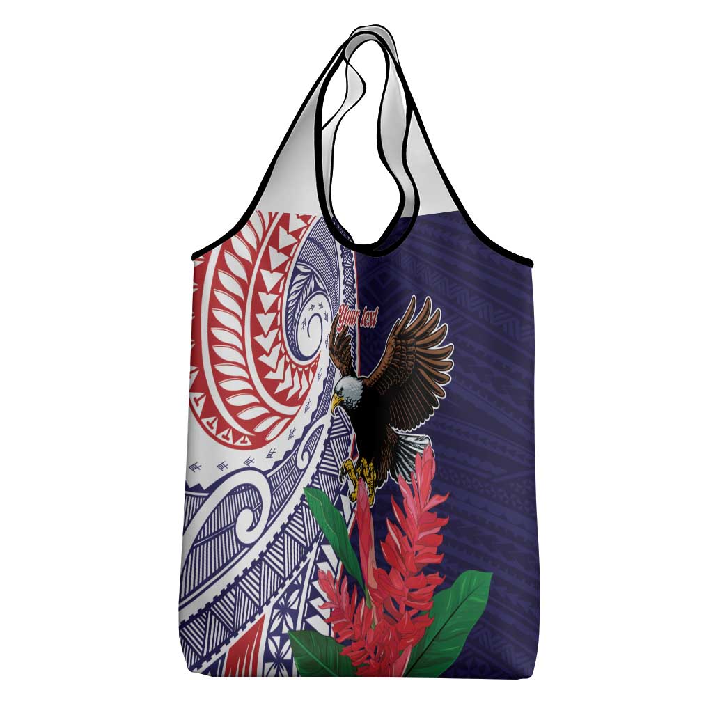 American Samoa Bald Eagle Personalized Grocery Bag Polynesian Teuila Flowers - Polynesian Pride