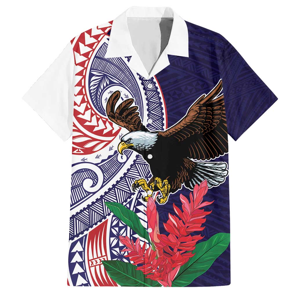American Samoa Bald Eagle Personalized Hawaiian Shirt Polynesian Teuila Flowers LT9 Blue - Polynesian Pride
