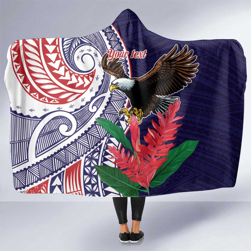American Samoa Bald Eagle Personalized Hooded Blanket Polynesian Teuila Flowers LT9 One Size Blue - Polynesian Pride