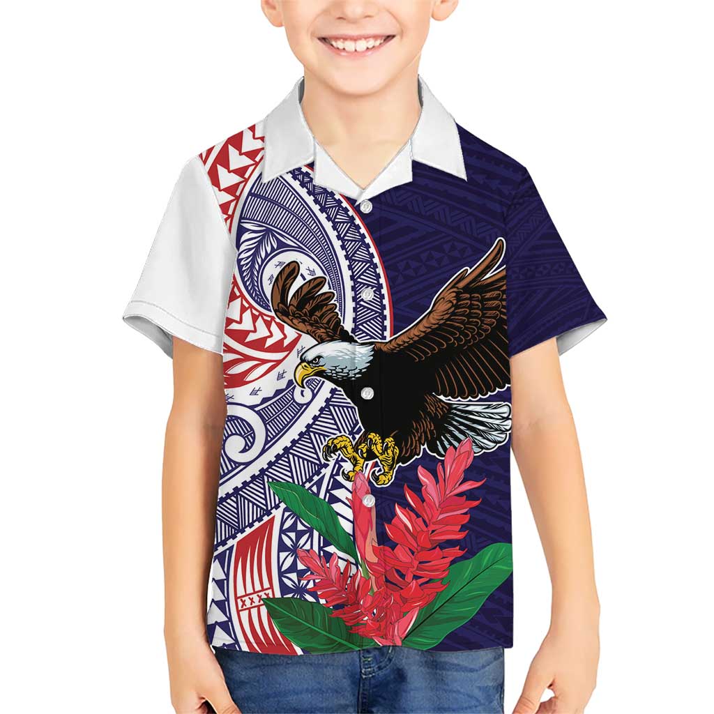 American Samoa Bald Eagle Personalized Kid Hawaiian Shirt Polynesian Teuila Flowers LT9 Kid Blue - Polynesian Pride