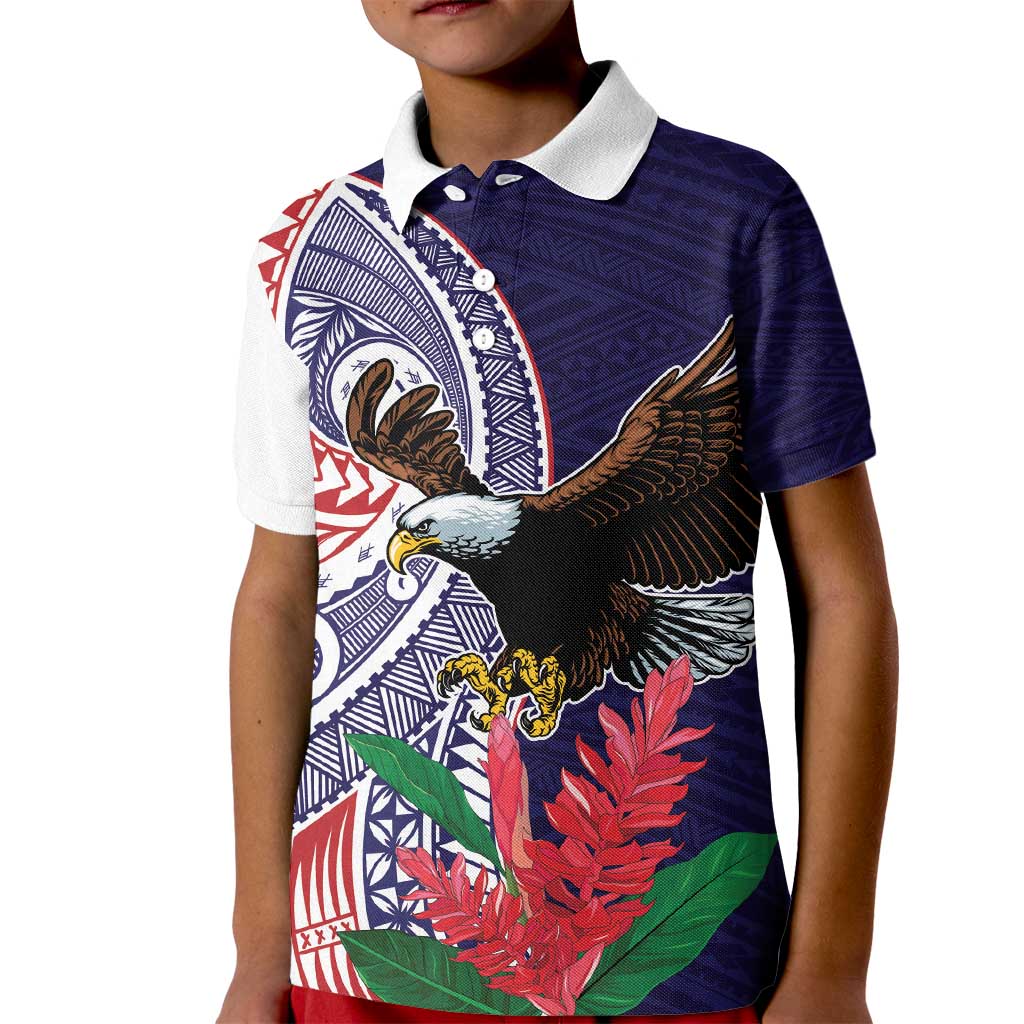 American Samoa Bald Eagle Personalized Kid Polo Shirt Polynesian Teuila Flowers LT9 Kid Blue - Polynesian Pride