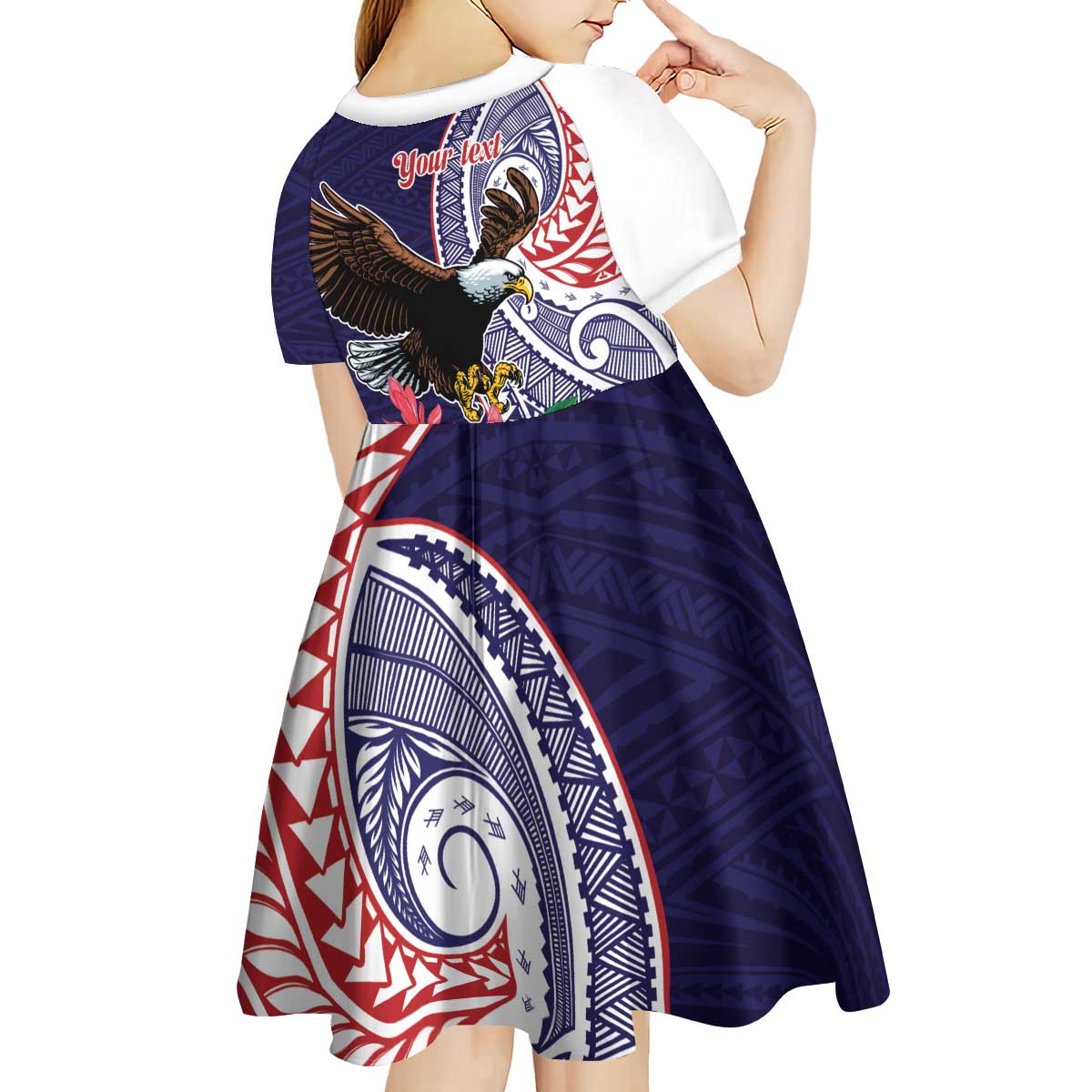 American Samoa Bald Eagle Personalized Kid Short Sleeve Dress Polynesian Teuila Flowers - Polynesian Pride