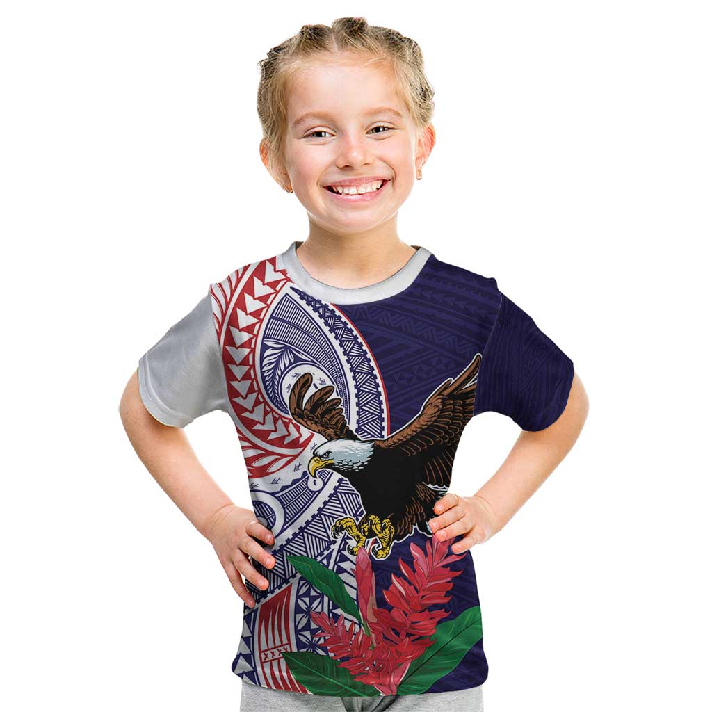 American Samoa Bald Eagle Personalized Kid T Shirt Polynesian Teuila Flowers LT9 Blue - Polynesian Pride