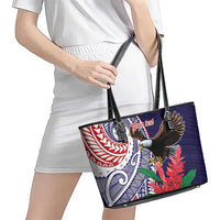 American Samoa Bald Eagle Personalized Leather Tote Bag Polynesian Teuila Flowers - Polynesian Pride