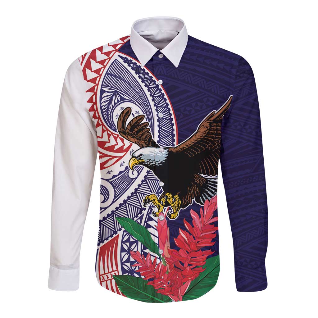 American Samoa Bald Eagle Personalized Long Sleeve Button Shirt Polynesian Teuila Flowers LT9 Unisex Blue - Polynesian Pride