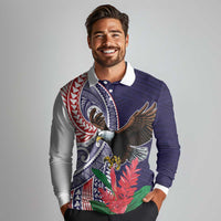 American Samoa Bald Eagle Personalized Long Sleeve Polo Shirt Polynesian Teuila Flowers - Polynesian Pride
