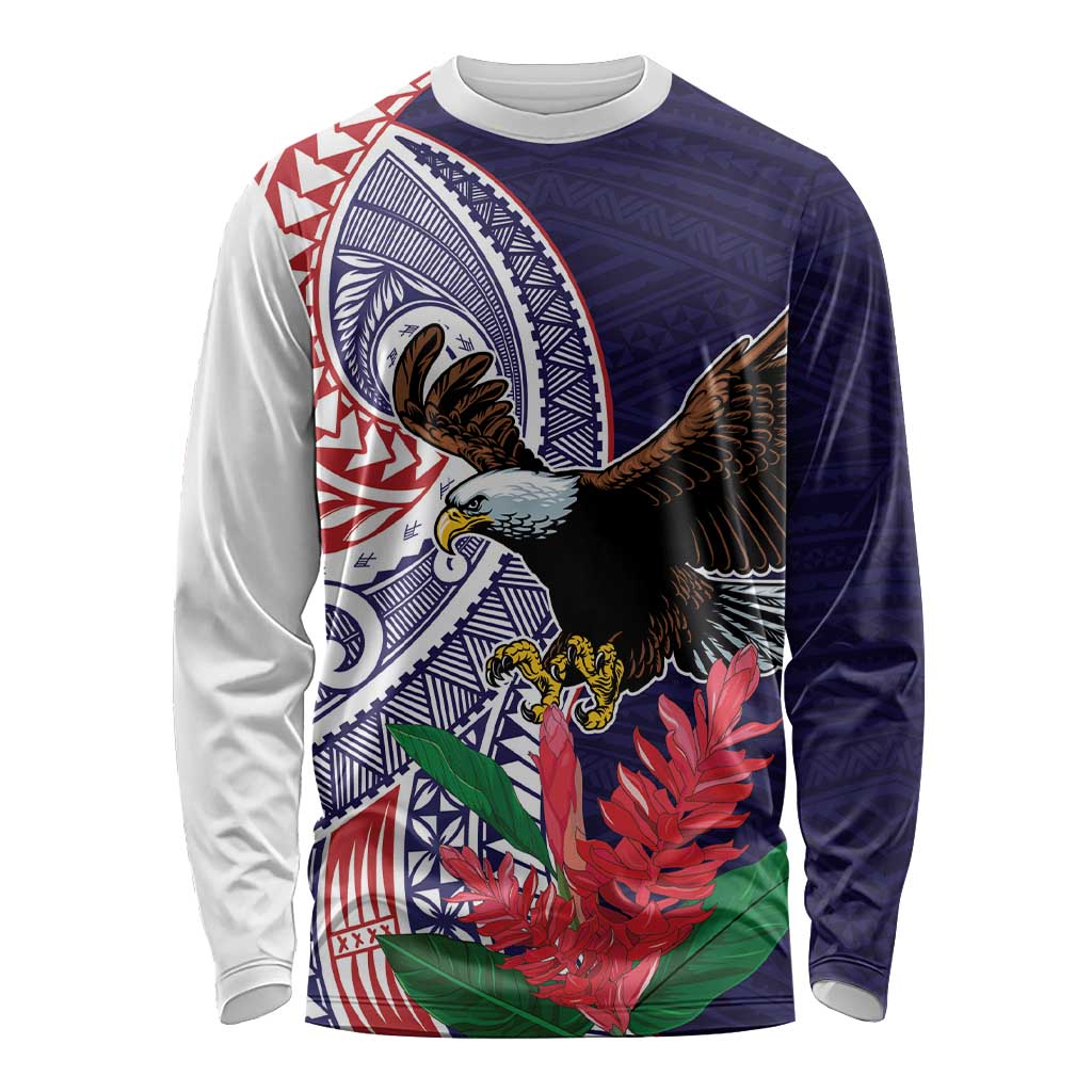 American Samoa Bald Eagle Personalized Long Sleeve Shirt Polynesian Teuila Flowers LT9 Unisex Blue - Polynesian Pride